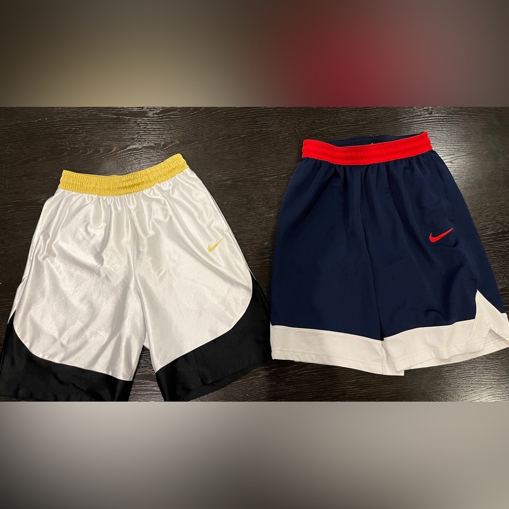 2 Men's Nike Dri-Fit 8" athletic shorts; White/ Gold and Navy/ Red; Size Medium - Picture 1 of 4